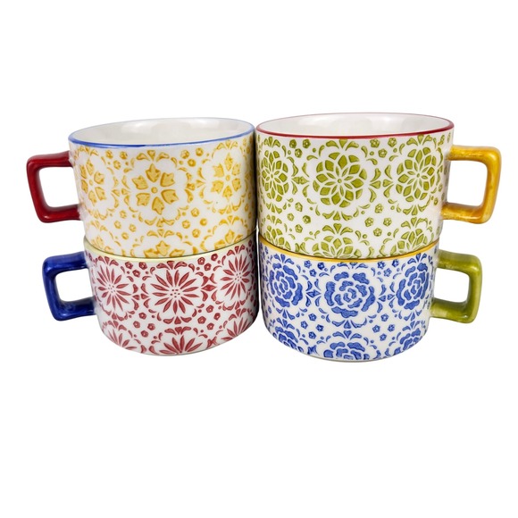Pier 1 Imports Other - Pier 1 Imports Coffee Mugs Set of 4 Multicolor Floral Hand‎ Painted Stoneware
